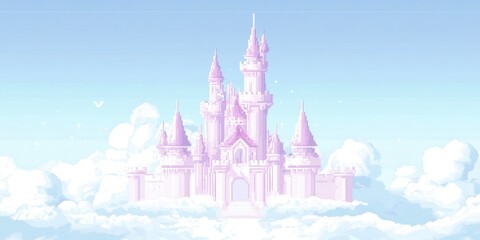 Fantasy castle in clouds, whimsical illustration, pastel colors