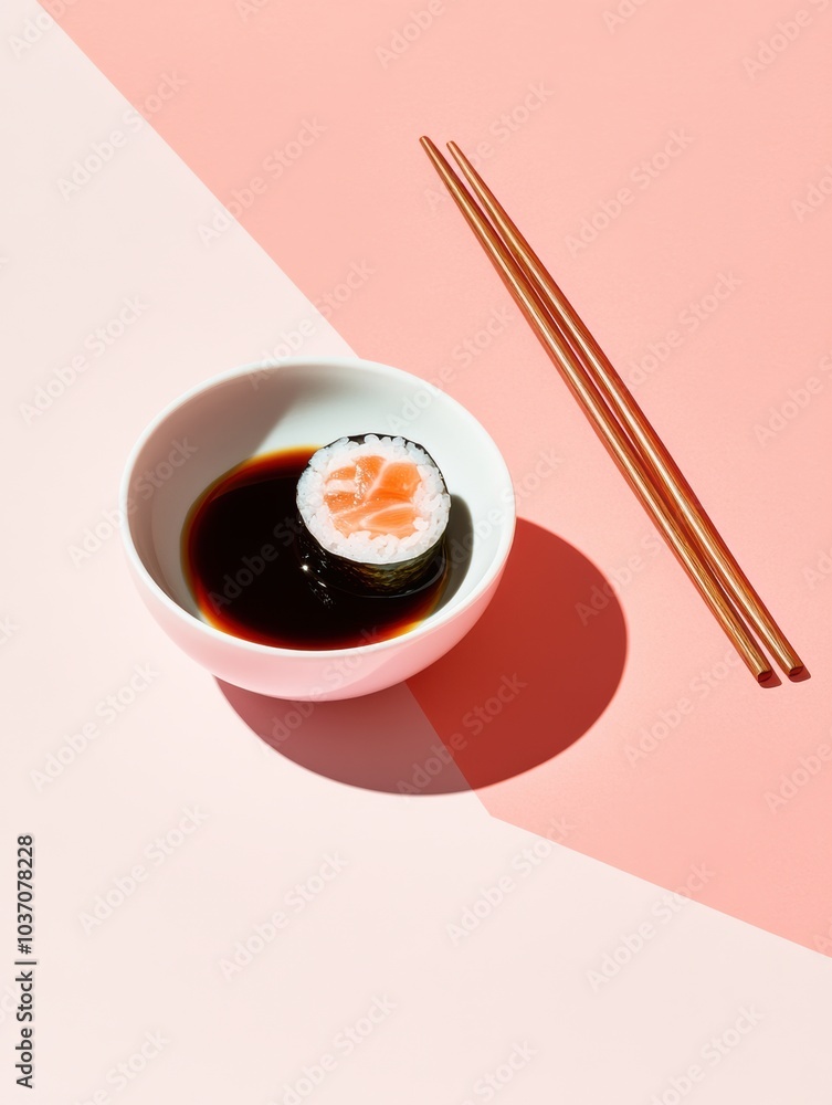 Poster a sushi roll featuring cucumber is placed alongside a bowl of soy sauce and chopsticks, arranged on 