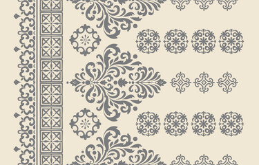 floral pattern vintage ethnic modern embroidery texture boho design vector illustration hand drawn pink flower motif branches leaves wallpaper seamless background border. © Thitichot