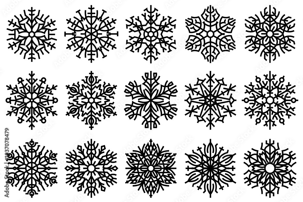 Poster line art snowflakes decorative design elements. abstract symmetric snow flake patterns set.