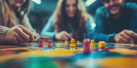 Friends enjoying a board game night with colorful pieces on the table.