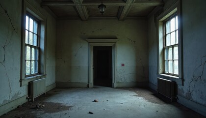 Obraz premium Old Haunted Mansion with Darkened Windows, Cracked Stone Walls, and the Eerie Silence of the Abandoned.