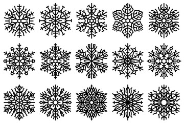 Line art snowflakes decorative design elements. Abstract symmetric snow flake patterns set.