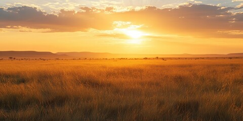 Golden sunset over vast grassland in a serene and tranquil environment.