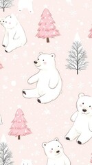 Hand-Drawn Cute Polar Bears with Christmas Trees Pattern, Perfect for Children and Nursery