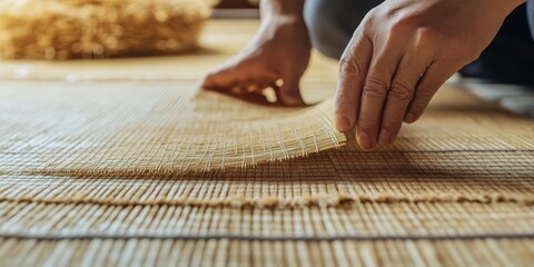 Obraz premium Hands laying bamboo mat on the floor, natural craftsmanship in warm setting.