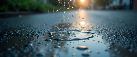 Raindrops hitting a wet street surface at night
