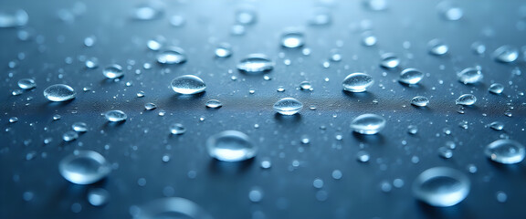 Water droplets on a smooth surface with a blue tint