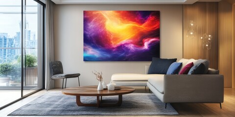 Modern living room with colorful abstract art on the wall, stylish furniture.