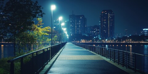 Fototapeta premium Night view of a pathway with lights and buildings around a calm water body.