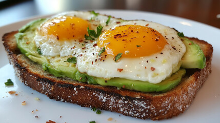 Avocado toast topped with two sunny-side-up eggs, garnished with greens and spices