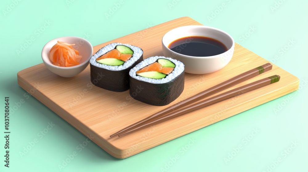 Poster enjoy a delightful sushi roll featuring fresh cucumber, alongside soy sauce and pickled ginger on a 
