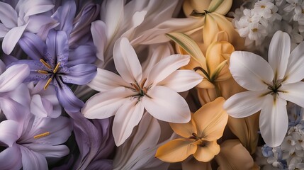 Fototapeta premium Beautiful Lilies and Hyacinths in Soft Pastel Shades, Ideal for Nature, Floral, and Botanical-Themed Designs