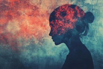 A silhouette of a woman with fiery textures in her head, symbolizing passion, emotional intensity, and powerful thoughts in a conceptual and surreal manner.