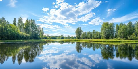 Fototapeta premium Serene landscape of trees reflecting in a calm river under a bright blue sky.