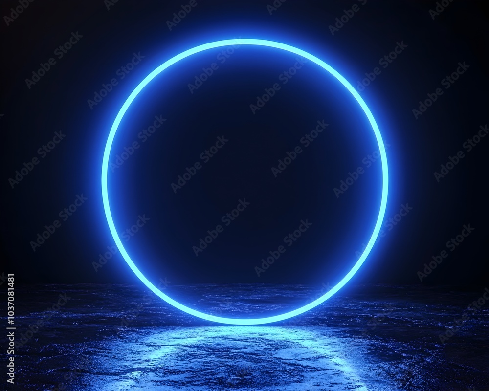 Wall mural glowing blue neon circle hovering in dark background for futuristic product placement