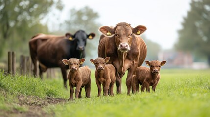 Brown cows with calves with grass in the background