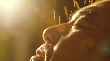 closeup of a man face receiving modern acupuncture treatment
