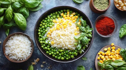 Delicious rice with green peas and corn and herbs. homemade food for party and dinner. healthy vegetarian dish - rise with vegetables