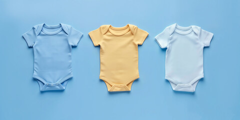 Clothes New ironed lying flat for little newborn boys on a blue background