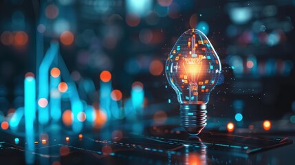 Innovation Explosion: Light Bulb with Glowing Corporate Symbols Amidst Futuristic Background