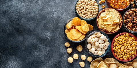 Variety of snacks in bowls on a dark textured background, perfect for sharing.