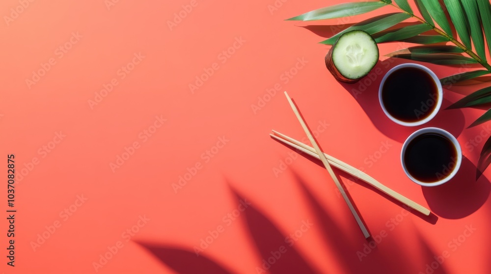 Poster Savor a beautifully presented sushi roll with cucumber, complemented by soy sauce and chopsticks on a colorful background. Generative AI