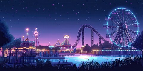Obraz premium Vibrant amusement park at night with colorful lights and a scenic waterfront.