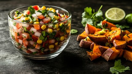 Glass Bowl of Fresh Ceviche with Large Corn Kernels and Sweet Potato Slices