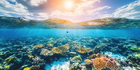 Vibrant coral reef underwater scene with sun rays shining through water surface.