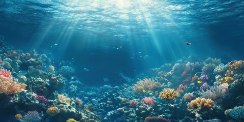 Vibrant coral reef underwater scene with sun rays illuminating the ocean floor.