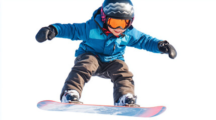 A child in a blue jacket and protective helmet performing a jump on a snowboard against a white background