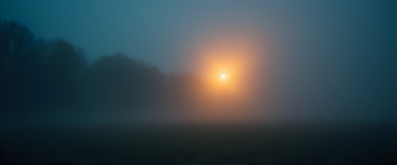 Sun glowing through dense fog in a misty landscape