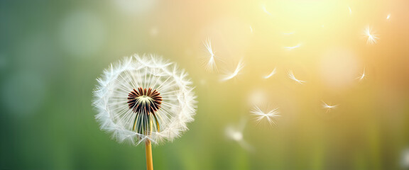 Dandelion seeds blowing in the wind with a soft focus background