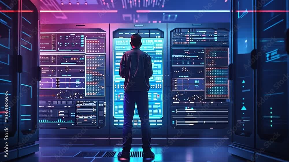 Leinwandbilder In a modern data center, a data analyst stands before illuminated server racks, studying performance metrics and data trends in a vibrant, neon-lit environment.