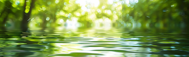 Obraz premium Blurred green water surface with the reflection of trees and sunlight.