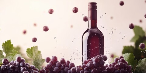 Wine bottle surrounded by fresh grapes on an isolated background.
