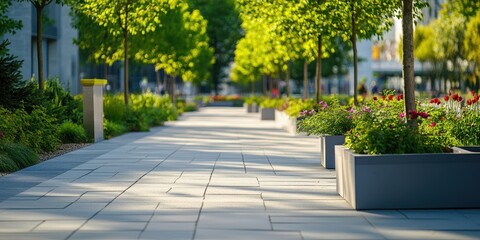 A peaceful walkway lined with trees and vibrant flower beds in a modern urban setting.