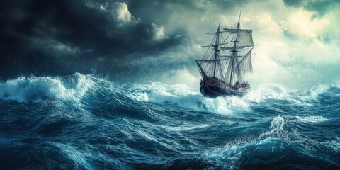 Obraz premium A majestic ship battling stormy seas under dramatic clouds.