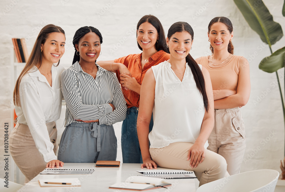 Poster Teamwork, diversity and smile with portrait of business people in office for partnership, about us and community. Support, solidarity and empowerment with group of women in startup for mission