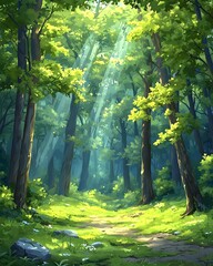 Fototapeta premium Serene forest scene with sunlight filtering through lush green trees, creating a tranquil pathway in nature's embrace.