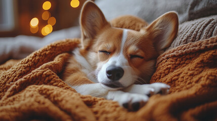 Sweet sleeping dog on the sofa close up