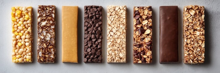 Assorted energy bars arranged on a gray surface, displaying various textures.