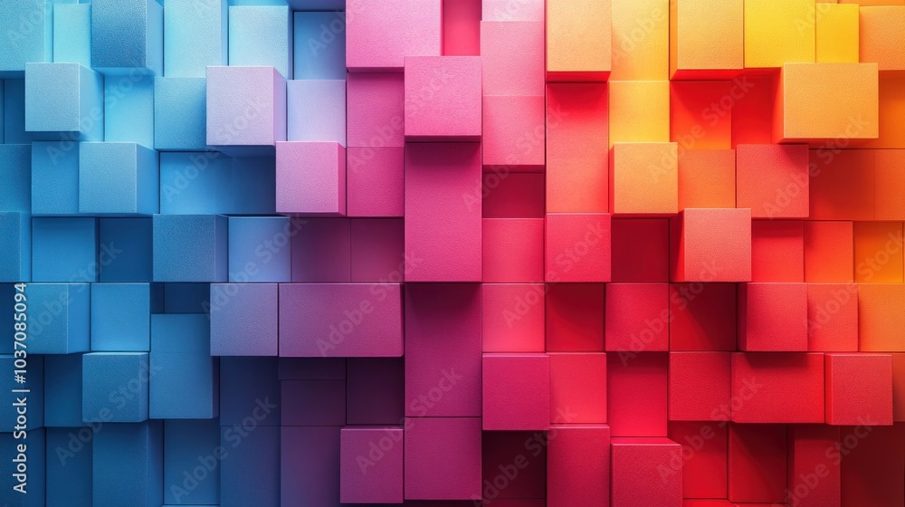 Poster abstract background of colorful 3d cubes transitioning from blue to red.