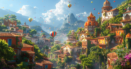 明るい朝の光に照らされた小さな村の風景