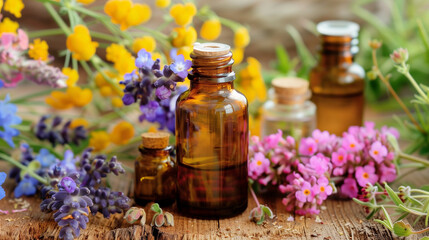 small brown glass bottles for natural cosmetics on a background of wild flowers Natures Healing Power Floral and Spiritual Essence