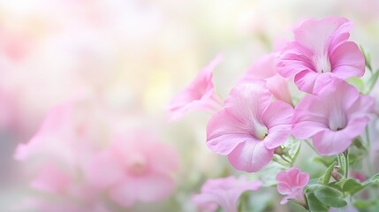 Top view of beautiful nature concept with unfocused blurred petunia space, abstract romance background, pastel and soft floral card