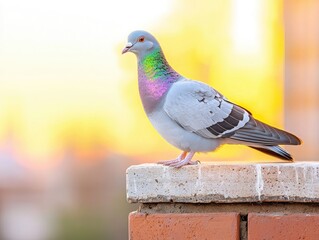 Obraz premium A colorful pigeon stands majestically on a brick wall against a vibrant sunset background, showcasing urban wildlife beauty.