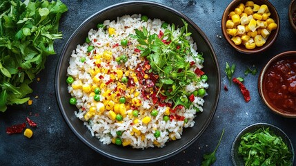 Delicious rice with green peas and corn and herbs. homemade food for party and dinner. healthy vegetarian dish - rise with vegetables