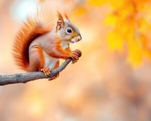 Obraz premium A cute squirrel sitting on a branch, holding an acorn against a vibrant autumn background with orange leaves.